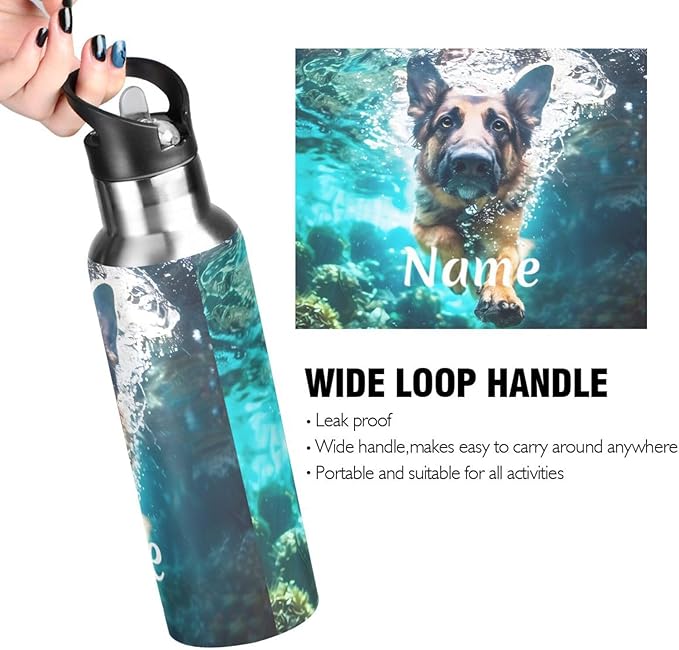 Custom Name German Shepherd Dog Underwater Water Bottle with Straw Lid Kids Insulated Stainless Steel Water Flask Sports, 20 Oz Hot Cold