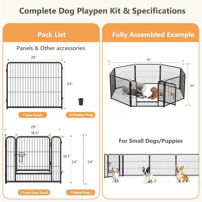 Metal Dog Playpen - Foldable Exercise Pen 24" Height 8 Panels for Dogs Portable Pet Playpen Polygon Dog Enclosure Indoor/Outdoor Pen for Puppy (Black)