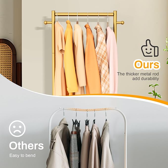 MISSLO Small Clothes Racks for Hanging Clothes Clothing Rack with Wheels 60" Garment Rack with Shelves Portable Rolling Wardrobe Rack for Small Space (Gold)