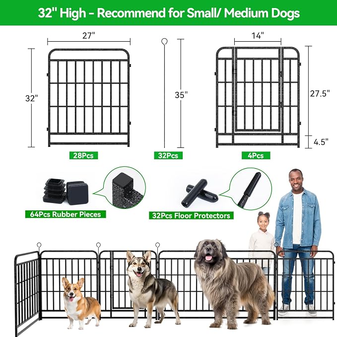 Kfvigoho Heavy Duty Dog Playpen 32 Steel Panels 32" Height | Square Steel Pipe with Reinforced Crossbars, 71FT 406 Sq.ft Portable Dog Fence Outdoor for Yard & RV Camping, Snowy Black