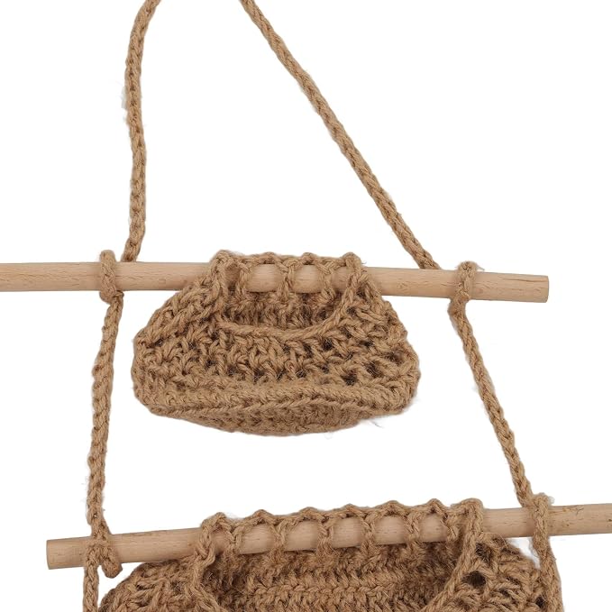 Handcrafted 3-Tier Hanging Wall Basket Made of Hemp Rope and Wood, Rustic Wall-Mounted Fruit and Plush Doll Organizer