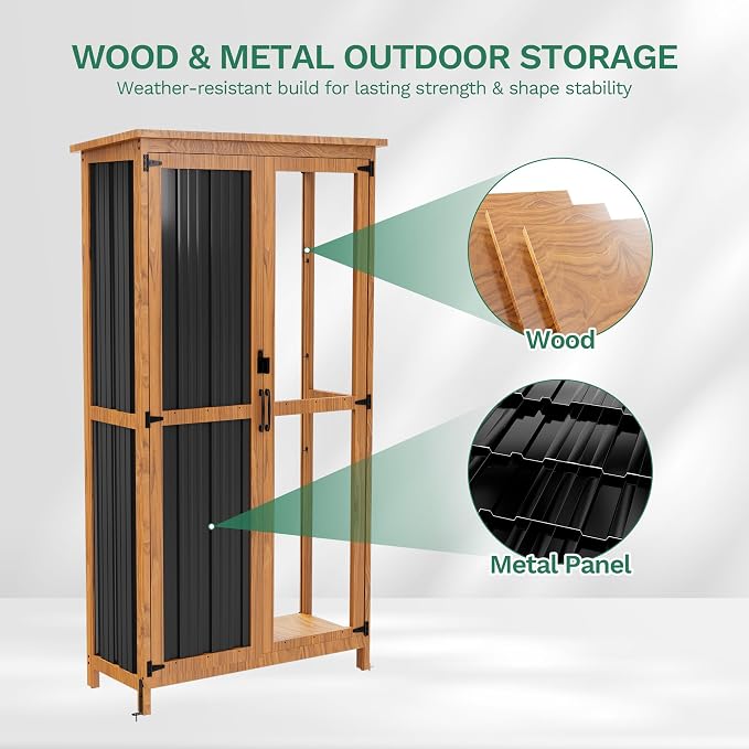Devoko Metal & Wood Weatherproof Garden Storage Tall Shed with 3 Adjustable Shelves, Lockable Outdoor Patio Cabinet, Waterproof Yard Organizer for Lawn Gear and Garden Tools, Black
