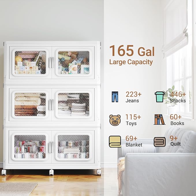 BROVIEW 660 Qt Extra Large Stackable Storage Bin with Lid, 3 Pack White | 165Gal Extra Large, Collapsible Storage Boxes with 3 Lids, Folding& Rolling Plastic Drawer, Heavy-Duty Cabinet Organization