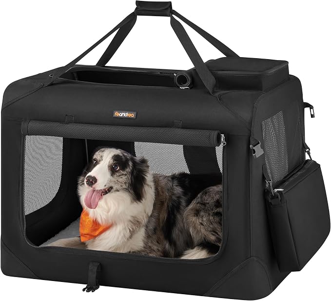 Feandrea Collapsible Soft Dog Crate, Portable Travel, 32 Inches | Dog Carrier Kennel with Safety Zippers for Living Room, Car, Travelling, Black UPDC80H