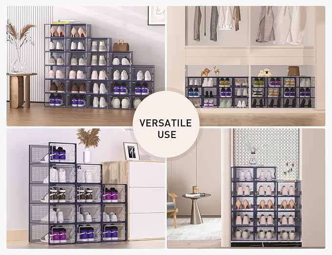 Kuject X-Large Shoe Storage Boxes 12 Pack, Clear Stackable Shoe Organizer | Shoe Case for Closet, Entryway & Under-Bed Storage, Drop-Front Design, Space-Saving Solution for Family Organization,Blue