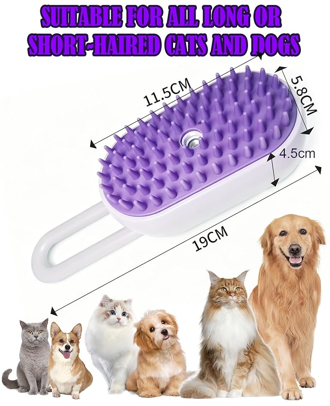 Cat Steam Brush for Shedding - 3 in 1 Pet Steam Brush for Dogs and Cats - Adjustable Dog Steamy Brushes for Grooming and Massage, Removing Tangled and Loose Hair (Purple)