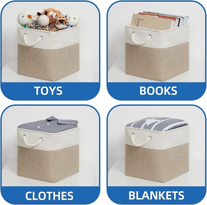Temary Cube Storage Bins 11 x 11 Fabric Storage Baskets 4 Pack Storage Cubes Baskets for Gift Empty, Cube Organizer Bins Cloth Basket for Storage (White&Khaki)