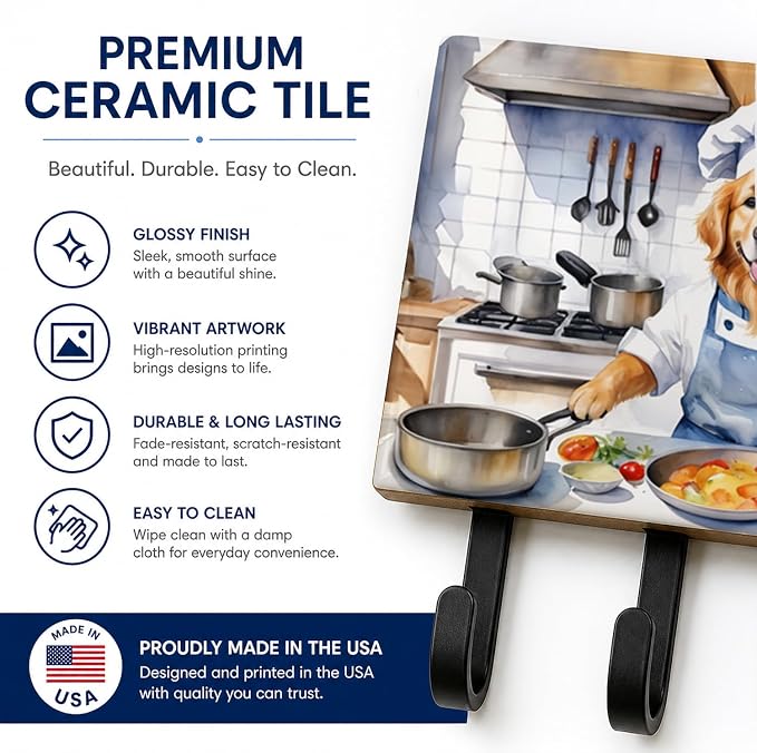 Caroline's Treasures Golden Retriever The Chef Leash or Key Holder Wall Hooks, Key Hooks Holder, Coat Rack Wall Mount, Coat Hooks, Hooks for Hanging Keys, Towels, Aprons, Leashes | Golden Retriever The Chef artwork on ceramic tile with three steel hook...