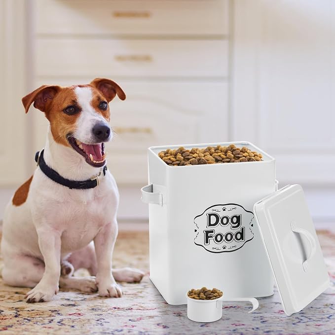 5-7 Lbs(25 Cup) Metal Dog Food Storage Container with Lid and Scoop, Airtight Dog Treat Container, Farmhouse Pet Food Storage Container, Cute Dog Food Canister, Gift for Dogs and Owners, White