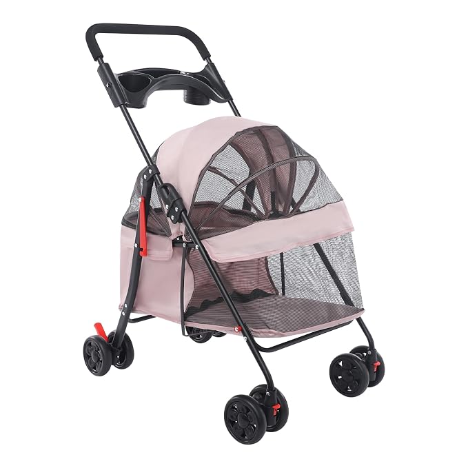 Foldable Pet Stroller Cart for Small Medium Dogs Cats, 40lbs Capacity Pet Travel Cart with 360° Swivel Front Wheels, Breathable Mesh Travel Pet Carrier with Cup Holder(Pale Pinkish Grey)
