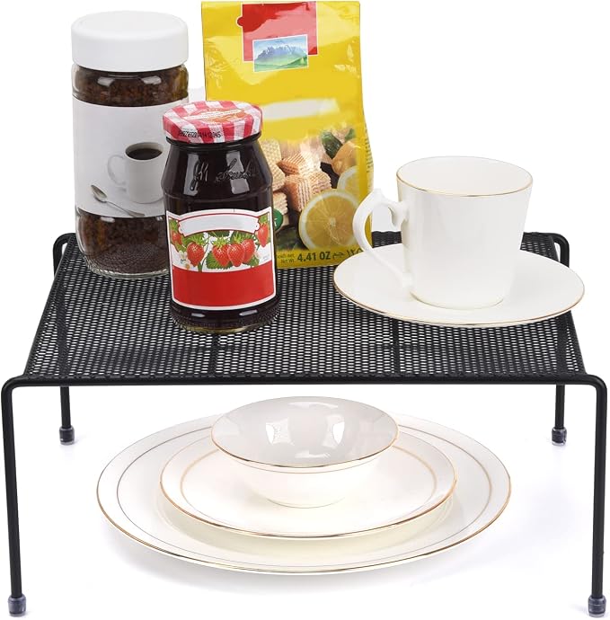 Set of 2 Mesh Kitchen Shelves Cabinet Storage Shelf Rack (13.1 x 10.2 Inch) ，Kitchen Bathroom Pantry Cupboard Desk Home Office, Fridge, Cabinet, Bathroom Cupboard, Non-slip Plastic Feet (2, Black)