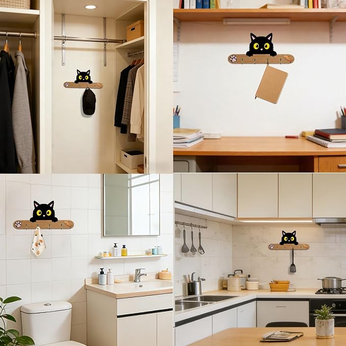 3D DIY Wood Dog Leash Holder Wall Decoration, Cute Cat Design Wall Mount Hanger Organizer with 4 Hooks for Hallway, Door, RV, Apartment, Keys, Bags, Harness, Collars, Clothes, Home Improvement