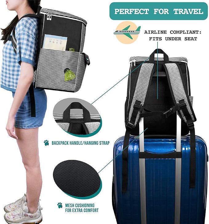 PetAmi Dog Travel Backpack Airline Approved Pet Supplies Bag, Stripe Black | Cat Traveling Suitcase Organizer for Weekend Road Trip Camping; 2 Food Containers, 2 Collapsible Bowls & Poop Bag Dispenser