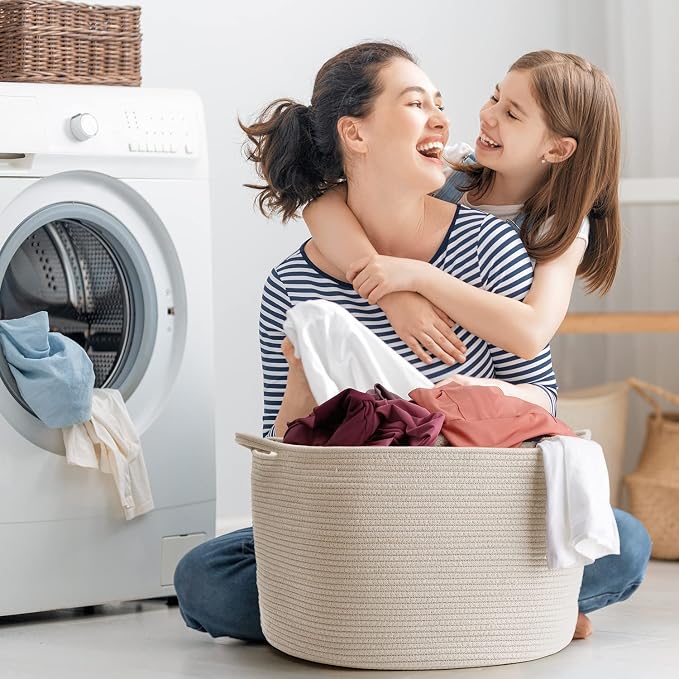 Maliton Woven Rope Blanket Basket Living Room, Storage Basket for Toy, 90L | 22"x14" Cotton Rope Basket. Holds Blankets, Toys & Towels & Laundry. For Bedroom, Nursery, Bath & Playroom. Soft & Durable