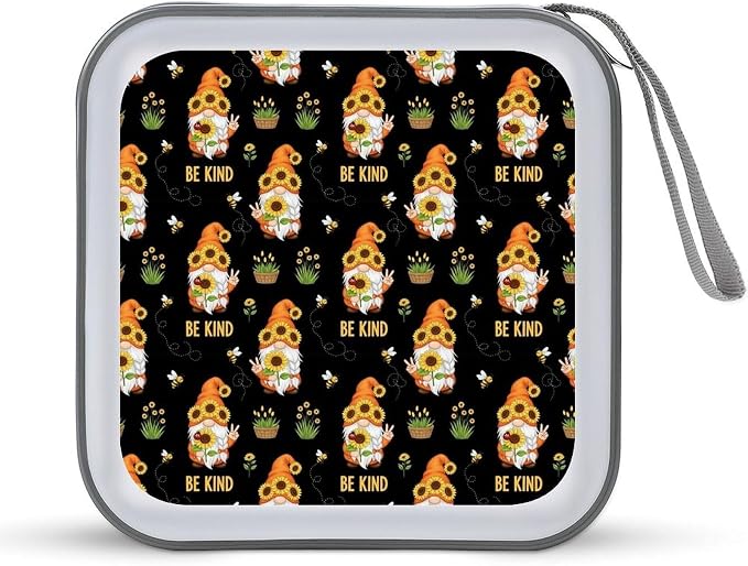 CD Protective Case Sunflower Gnome 40 Capacity DVD Holder Wallet | Hard Plastic Disc Storage Binder Be Kind Sunflower Gnome, Sturdy Zipper, Portable Carry Handle for Home Travel