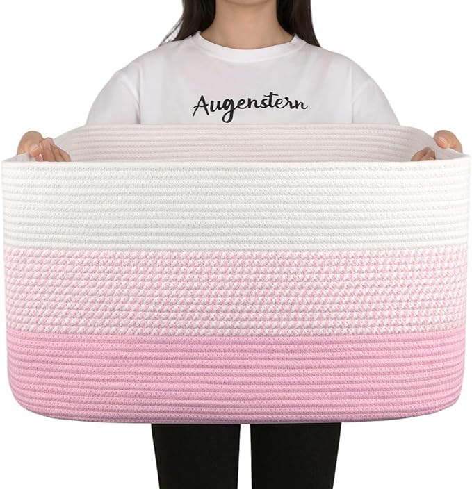 OIAHOMY Blanket Basket Laundry Basket Dog Toy Basket 75L Pink/White | Large Storage Basket,Baby Basket,Toy Storage,Woven Rope Basket for Blankets,Blanket Storage for Living Room