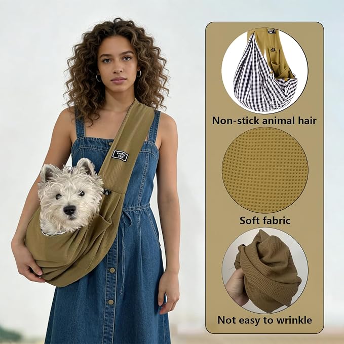 Dog Sling Carrier Soft Breathable for Small Dogs Cats 3-12 lb Khaki | Cat sling & dog carrier sling with safety tether, organizer pocket, soft fabric. Perfect for travel, hiking,outdoor