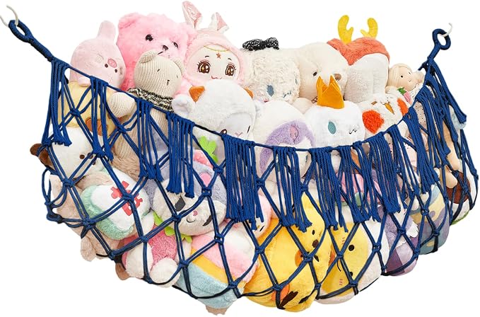 Stuffed Animal Net Hammock, Save Space Eliminate Clutter (Sapphire Blue) | Premium Cotton Hand-knitted plush hammock, Boho Stuffed Animal Storage for Nursery, Bedroom Decor, playrooms