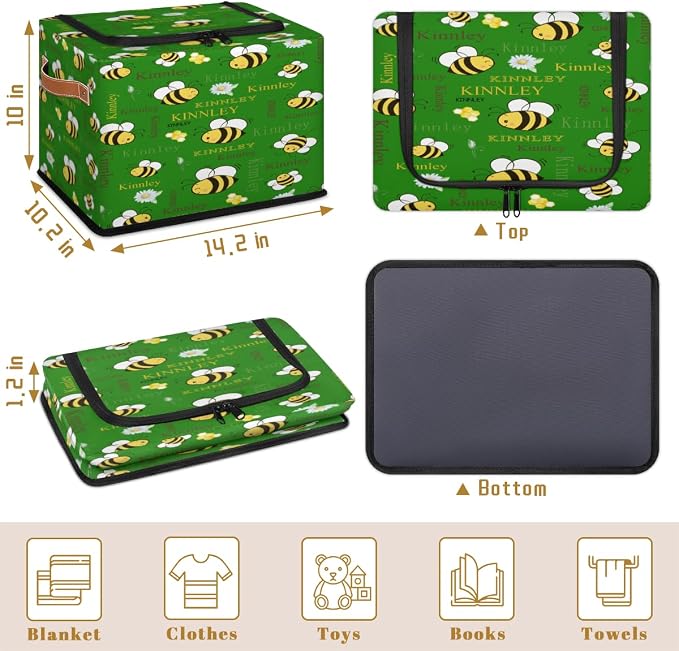 Custom Name Storage Bin with Lid Zipper, Personalized Rectangular Storage Basket with Handles for Organizing Girls Toys Office Closet Shelf Baskets, Cartoon Bee with Daisy Floral Deep Green