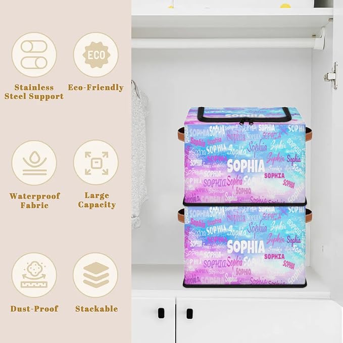 Custom Storage Baskets for Kids with Name, Large Foldable Organizer Collapsible Storage Bin with Zipper Lid Leather Handle for Home Toys Closet Nursery, Blue with Pink Watercolor