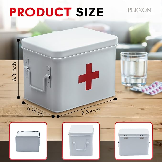 Plexon 8.5" Metal First Aid Box Empty, Medicine Storage Bin with Lid, Emergency Supplies Organizer, Portable First Aid Kit Case, White