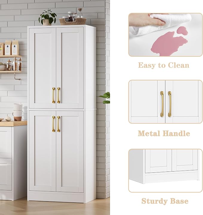 Pantry - Kitchen Pantry Cabinet with 4 Doors and Adjustable Shelves, Tall Black Cabinet Freestanding Storage Cupboard for Dining Room Living Room, Laundry, Bathroom (White)