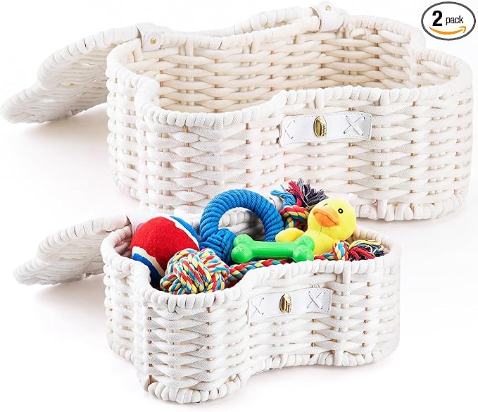 Barydat 2 Set Dog Bone Shaped Basket with Lid Cotton Rope, White | Large Small Sizes, Handmade Woven Basket for Toy Storage, Organizes Pet Items, Home Bin with Secure Lid Closure