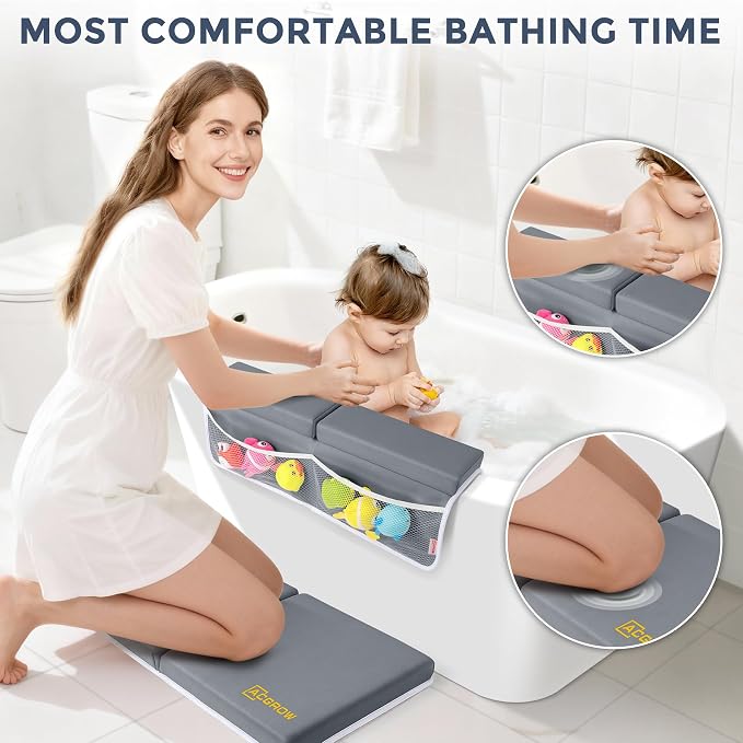 Bath Kneeler and Elbow Rest Pad Set, 1.5” Thick Bathtub Kneeling Mat | Cozy Memory Foam, Non-Slip 6 Suction Cups and 4 Toys Organizer Pockets, Quick-Dry Bath Kneeling Pad for Babies Toddlers