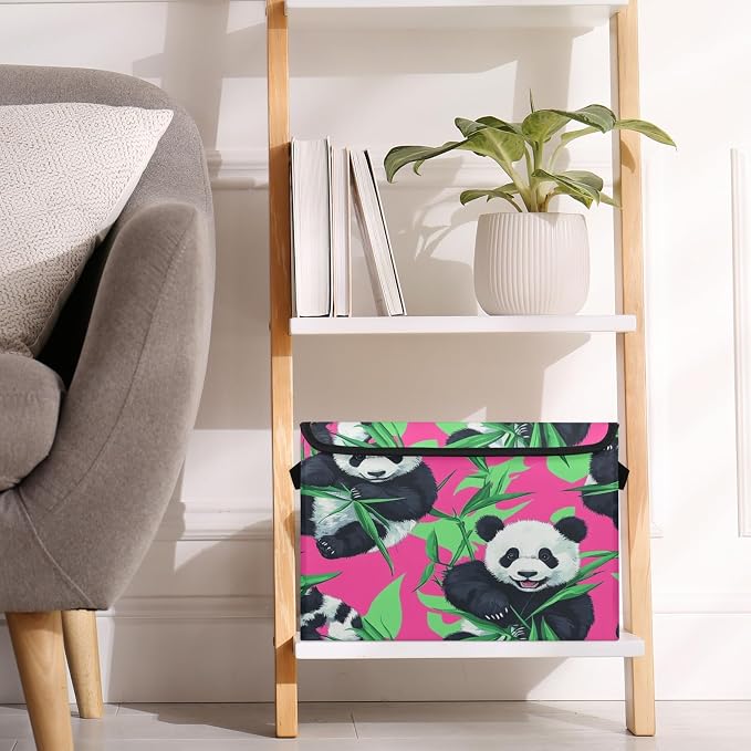 Panda Storage Bins with Lids, Bamboo Foldable Storage Boxes with Carrying Handle Organizer Containers Baskets Cube for Home Bedroom Closet