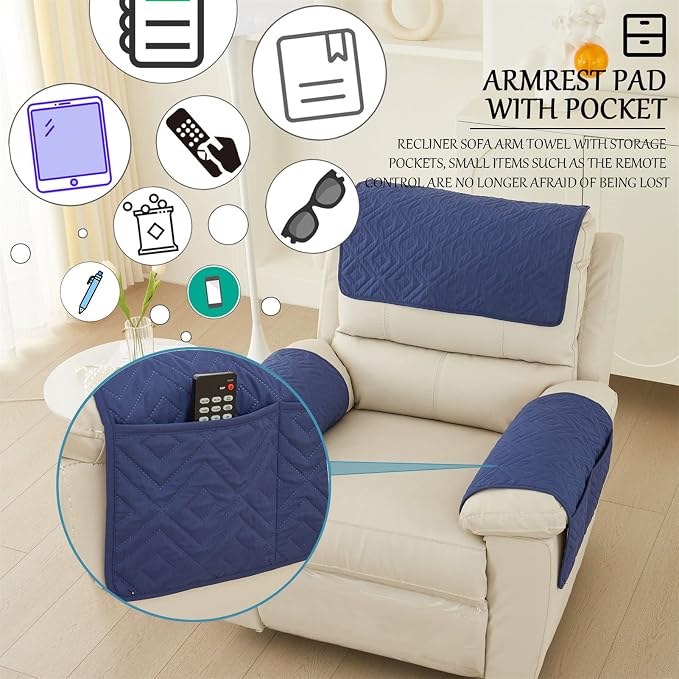 Water-Resistant Sofa Armrest and Headrest Covers, 2 Pockets | Quilted polyester helps shield recliners, loveseats and sofas from daily wear; silicone backing and fasteners improve grip