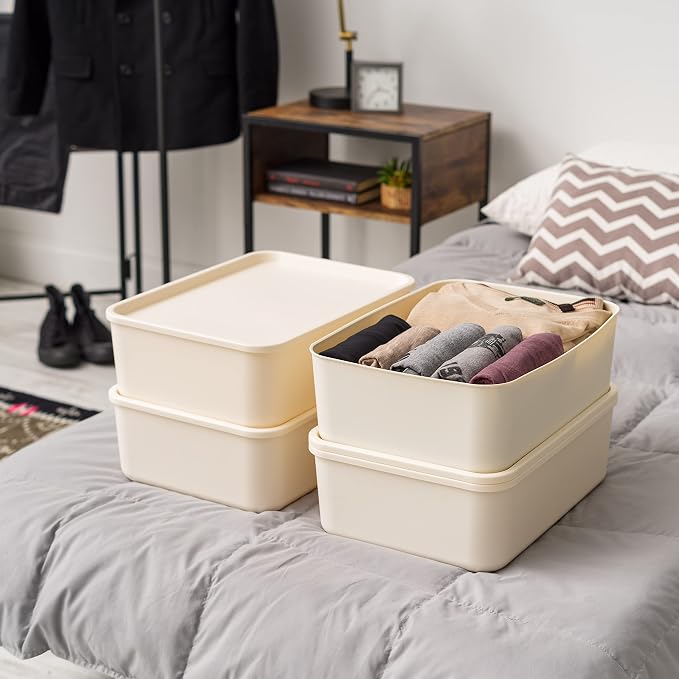 IRIS USA Storage Bins with Lids |Made in USA| Medium (4-Pack) - Off White | Modern Basket Container Boxes for Bedroom, Living Room, Kitchen, Bathroom & Closet Organization