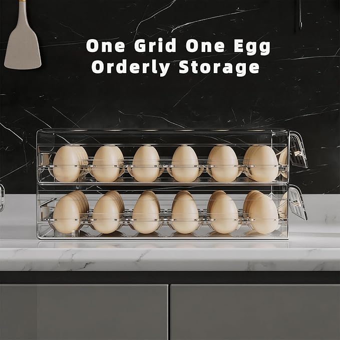 HIYOHIYO 2-Tier Clear 24 Grid Egg Container for Refrigerator, With Drawers | Large Capacity, with Time Scale Marking, Stackable, Sturdy Eggs Storage for Fridge and Countertop