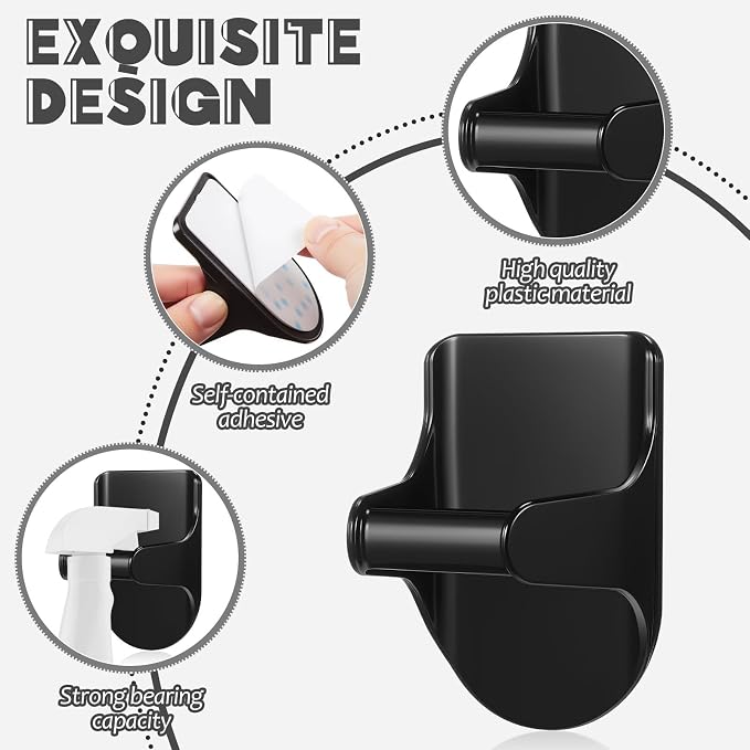 4 Pcs Wall Mount Spray Bottle Hooks Holder Spray Bottle Hanger Adhesive Hook to Create Storage Space Rack Organizer Hanger for Cabinet Kitchen Variety Surfaces (Black)