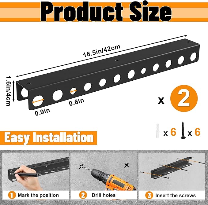 2Pcs Car Detailing Brush Holder Wall Mount,12 Holes Multi-Size Metal Utility Brushes Rack Detail Car Detailing Organizer for Garage Workshop Auto Shop Tool Organizer(Brush Holder, Black)