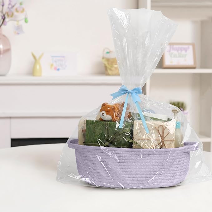 Purple Small Woven Basket, 13” x 9” x 5” Baskets for Gifts Empty, Cotton Rope Gift Basket, Cute Nursery Baby Organizer, Cat Dog Toy Box, Oval Wicker Storage Bin with Handle