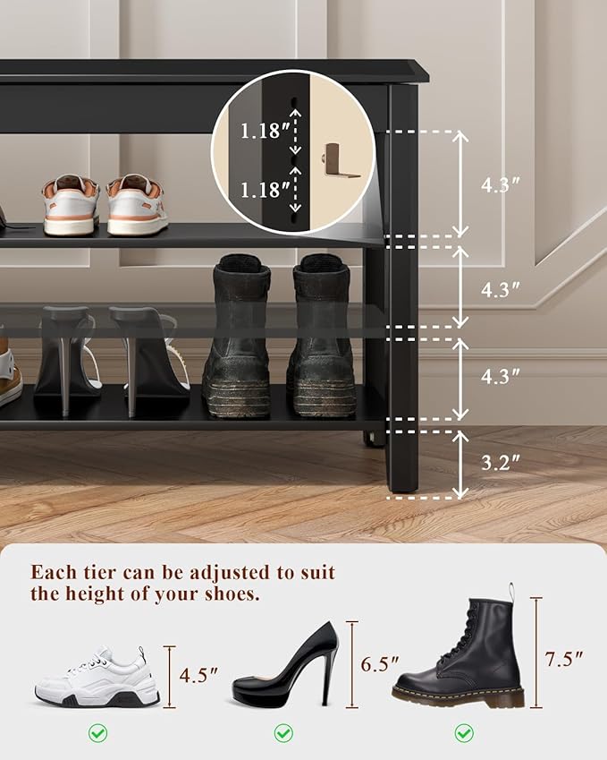 IUNVR Shoe Rack Bench Seat Rubberwood 3-Tier Wooden Storage Bench 550lbs Compact Mid-Century Modern Design for Entryway, Hallway, Closet, Front Door Entrance, Foyer