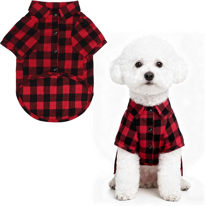 PUPTECK Classic Plaid Dog Shirt, Puppy Polo T-Shirt Clothes, Red M | Soft Cotton Button Up Dog Clothes for Small Medium Dogs Boy Girl, Fashion Pet Tee, Chic Casual Pet Outfit Apparel