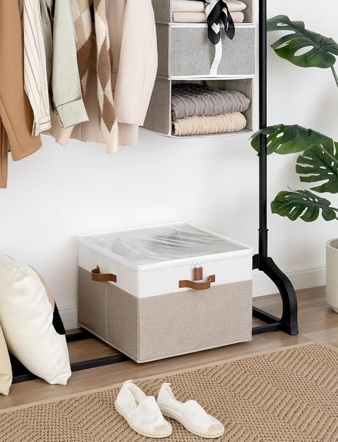 StorageWorks 16-Pair Fabric Shoe Storage Box for Closet, Brown and White | Adjustable Dividers, Holds up to 16 Pairs, Foldable, Clear Lid, Soft Handles, Fits Sneakers, Sandals & Flats, For Mudroom