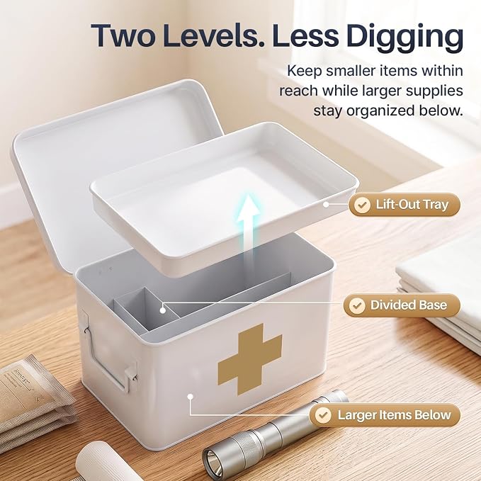 Flexzion Large Metal First Aid Box Empty, 13-Inch, White with Gold Cross | Vintage Medicine Box and First Aid Storage Organizer with Removable Tray and Dividers; Empty Box Only, Supplies Not Included