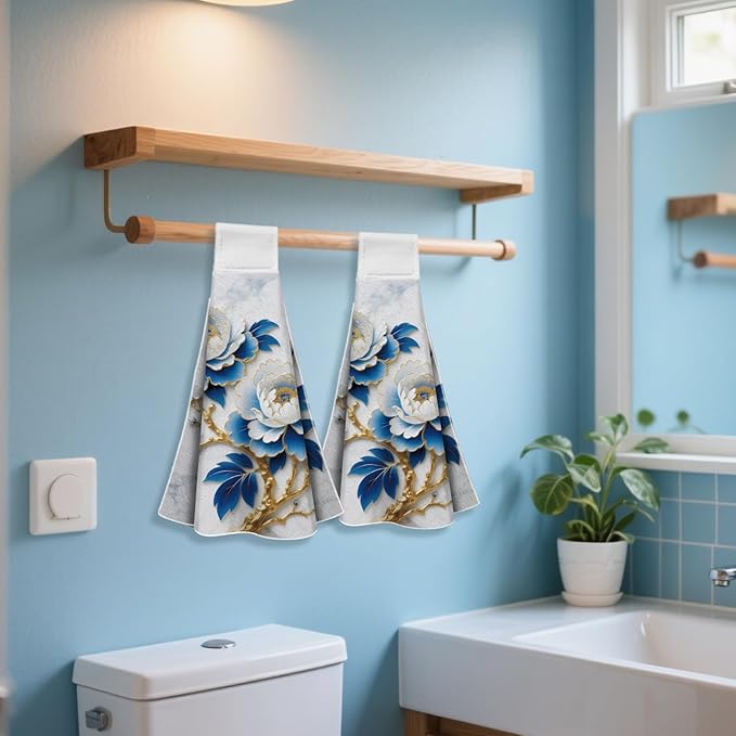 CUTHOLLOW Blue Gold-Edged Peony Hanging Kitchen Towels with Loop, Set of 2 - Soft & Super Absorbent Microfiber Decorative Hanging Dish & Hand Towel, Tea, Coffee Towel for Kitchen Bathroom Oven Handle