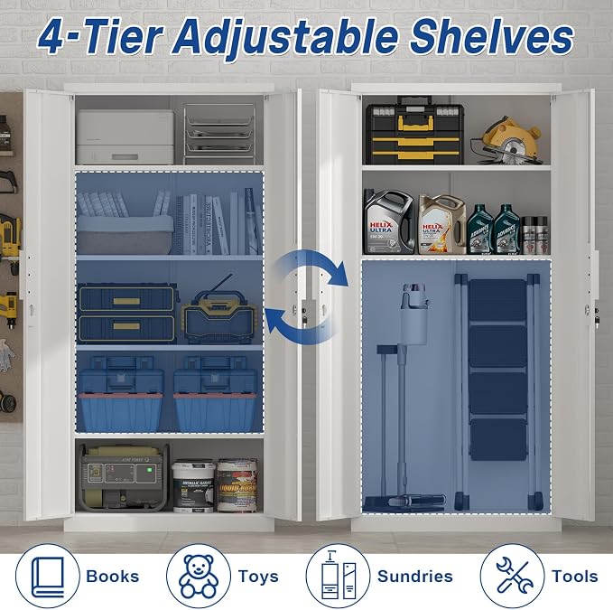 72" H Metal Garage Storage Cabinet with 2 Doors and 4 Shelves, White Steel Locking File Cabinet, Metal Storage Cabinets for Office, Home, Garage, Gym, School