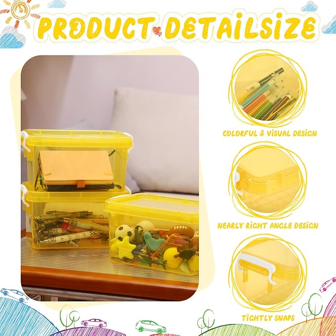 6 Pack Colorful Plastic Storage Bins with Lids 4 Quart Small Storage Latch Box Stackable and Nestable Clear Organizer Bins with Latching Handle and Buckle for Organizing(Yellow)