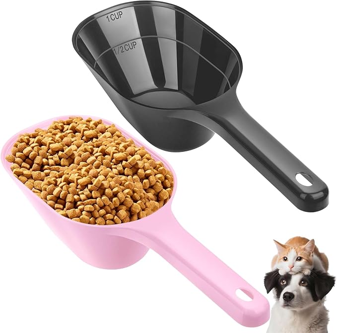 2 PACK Dog Food Scoop,1 Cup Capacity Pet Food Scoop For Dog and Cat | Black and Pink,Clear Markings for Precise Measuring 1/2 and 1 Cup Lines,Dishwasher Safe,Plastic,Portable and Sturdy