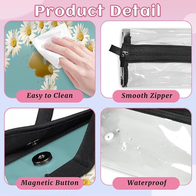 Floral Peace Sign Makeup Bag for Women Hanging Roll-Up Travel Organizer Toiletry Kit with 4 Removable Compartments, Daisy