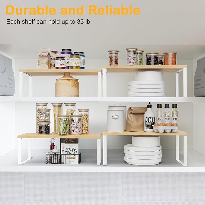 OGEMXU Cabinet Shelf Organizers, 15.7 inches Large Kitchen Counter Shelf, Set of 2 Wood Kitchen Pantry Organizer, Storage Shelves for Countertop, Spice Rack, Stackable, Expandable, Metal White, Nature