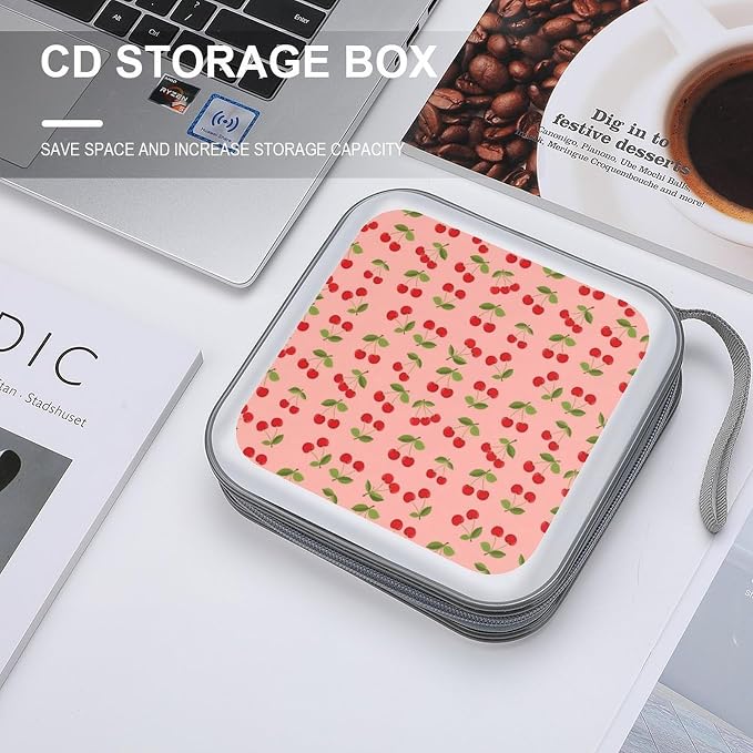 Hard Shell DVD CD Organizer Pink Cherry Fruit Theme Cherries, 40-Disc Storage Binder with Zipper Closure, Portable Protective Case for Travel Home