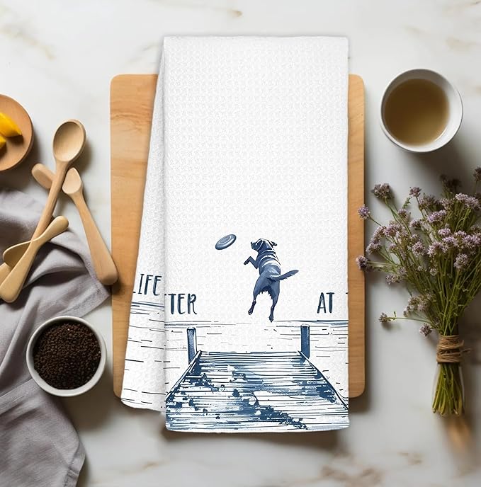 Lake House Hand Towels for Bathroom, Life is Better at The Lake Kitchen Towels, Lakehouse Decor for The Home, Dog Lover Mom Gifts Dish Towel Drying Cloth for Kitchen, 16x24 Inch
