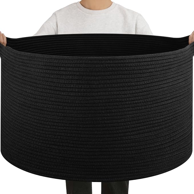 OIAHOMY 90L Extra Large Blanket Basket - Decorative Cotton Rope Storage Basket for Bedroom, Living Room & Nursery - Woven Laundry Hamper for Organizing Blankets, Clothes & Toys - Black