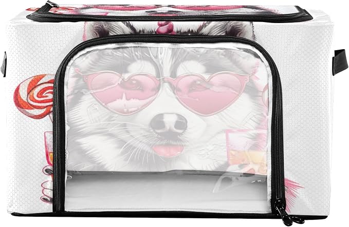 Foldable Storage Bin Dog with Glass Of Juice Sturdy Under Bed Storage Container with Clear Window and Handle