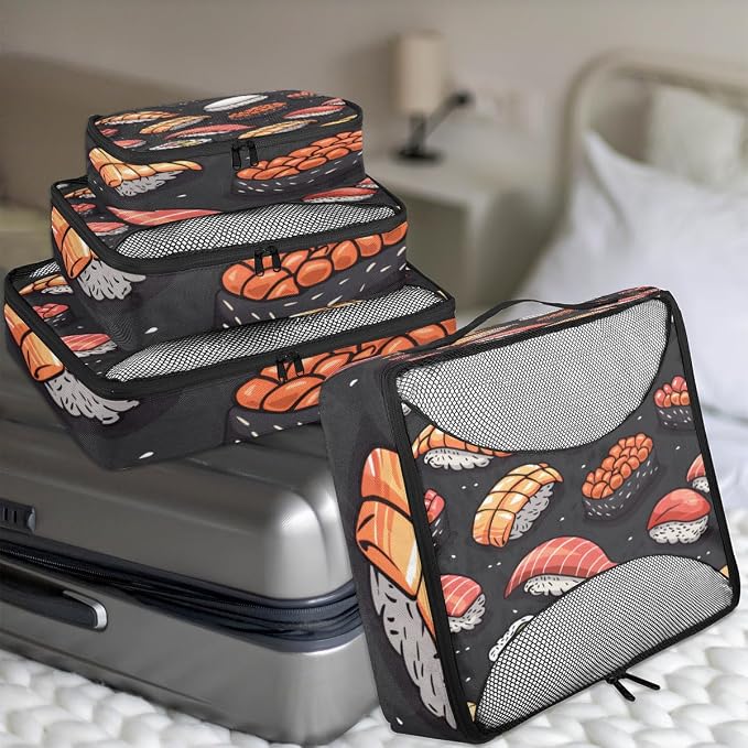 Sushi 4 Set Travel Packing Cubes for Accessories, Suitcase Organizers Luggage Bags Set with Double Zippers & Mesh Top
